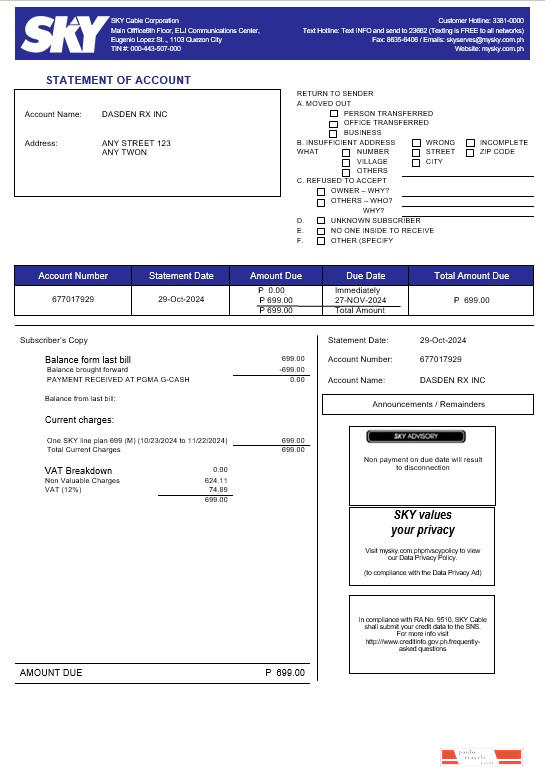 Philippines Sky Cable Corporation business utility bill Word and PDF template (2) PSD template